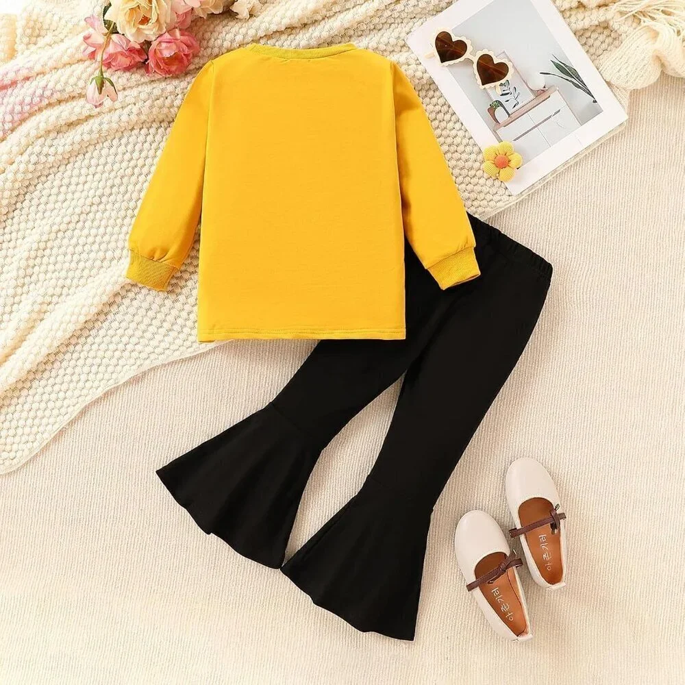 3-9 Years Kids Toddler Girl Clothes bow tie Sweatshirt Flared Pants 2Pcs Fall Wi